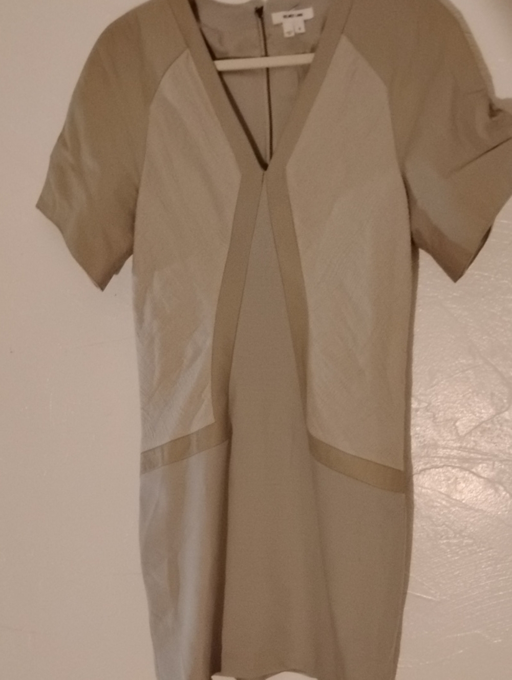 Helmut Lang Short-Sleeve Leather Trim Taupe Dress Sz 8